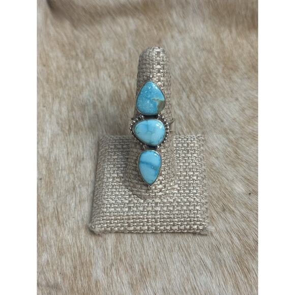 Long Native American Sterling Silver Blue Ridge Turquoise 3 Stone Ring Adjust - Picture 11 of 11